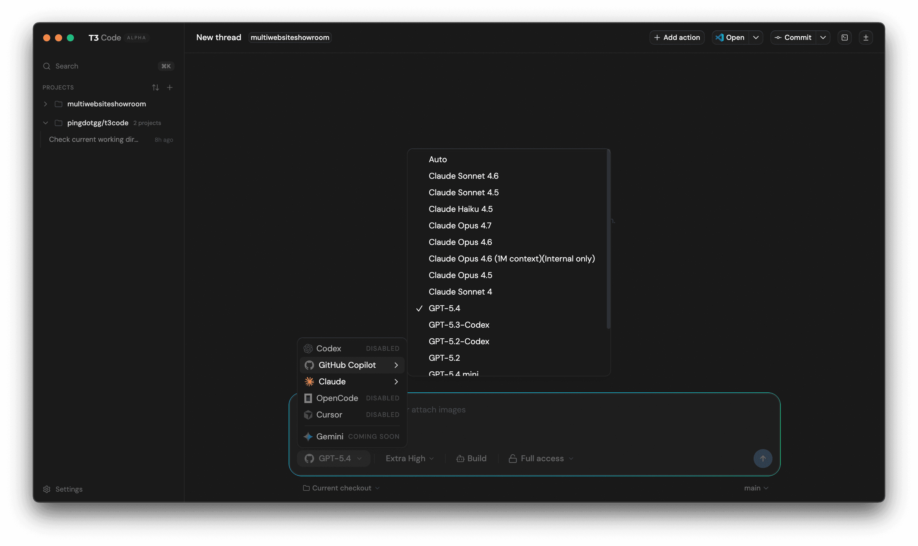 Screenshot of T3 Code — Copilot Integration customization