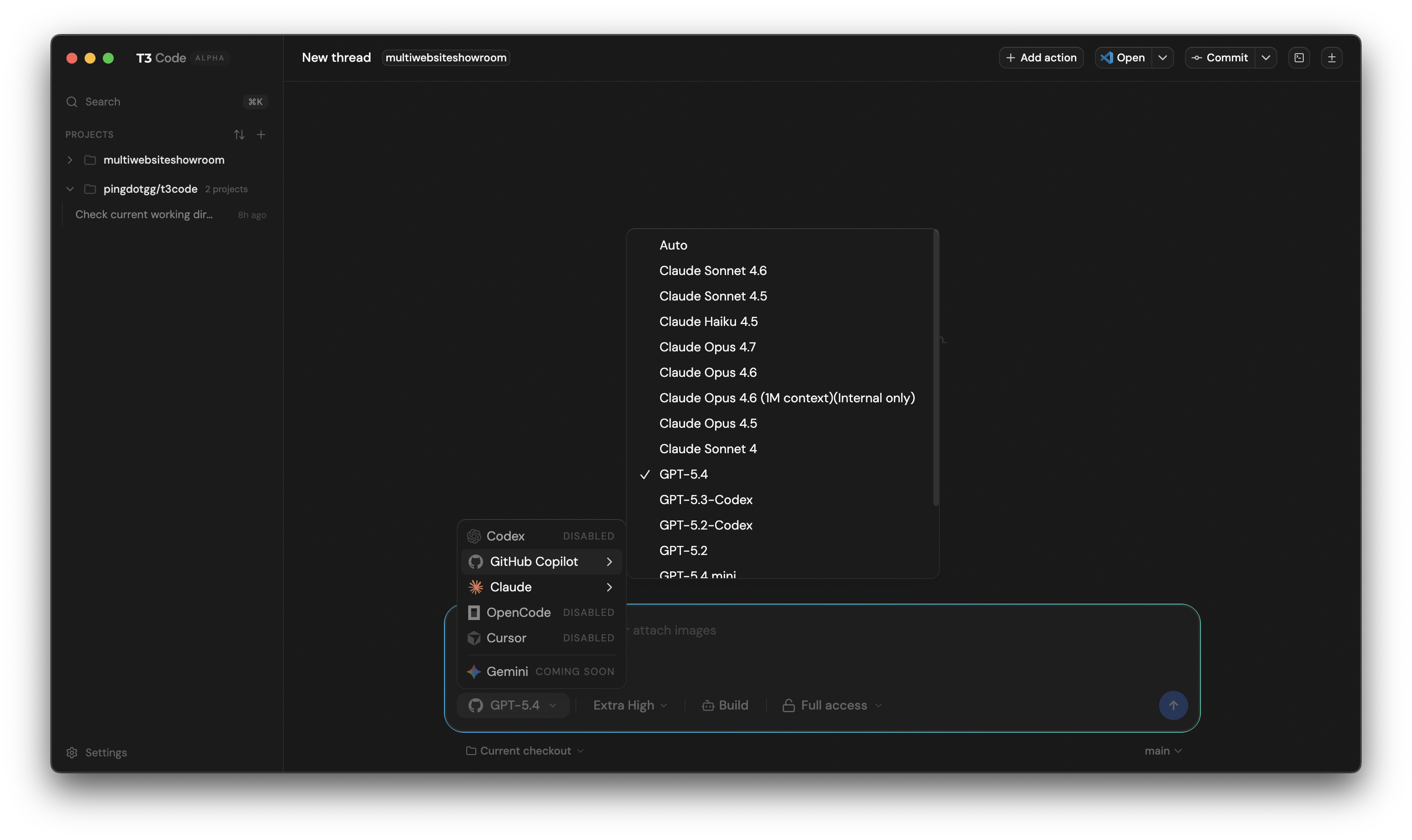 T3 Code editor after Copilot provider was added