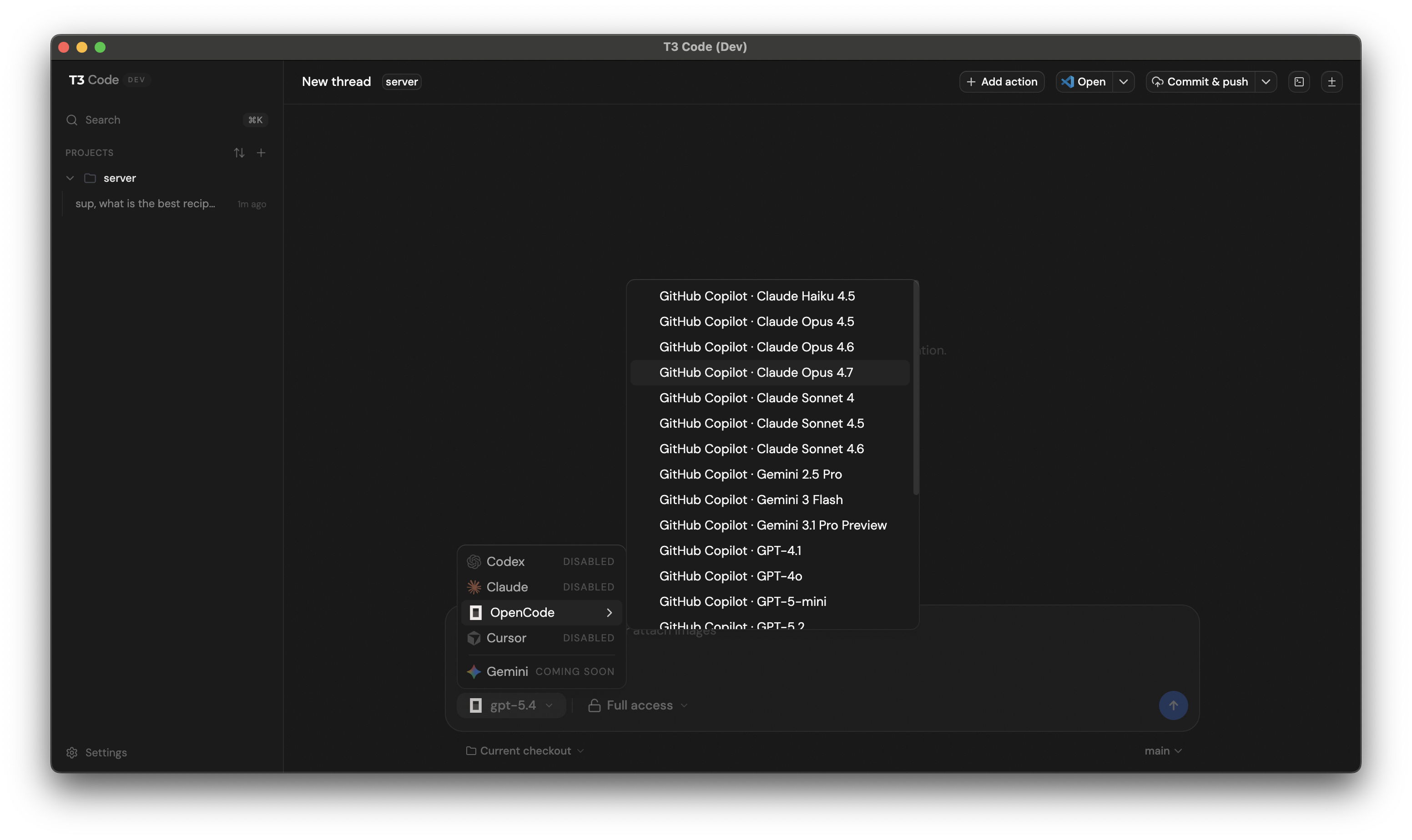 T3 Code editor before Copilot provider was added